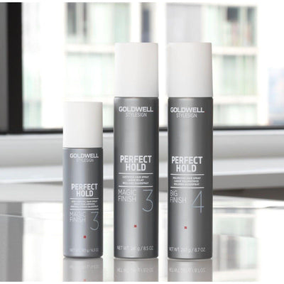 Goldwell Perfect Hold Magic Finish Hairspray trio, featuring light to medium hold without stiffness, ideal for natural movement.