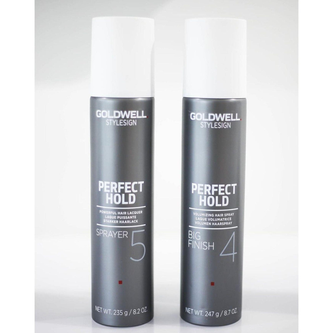 Goldwell Stylesign Perfect Hold hair lacquer sprayer and big finish spray, designed for extreme hold and humidity protection.