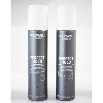 Goldwell Stylesign Perfect Hold hair lacquer sprayer and big finish spray, designed for extreme hold and humidity protection.