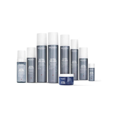 Eight Goldwell Ultra Volume hair products, including styling sprays and mousses for fine, thinning hair.