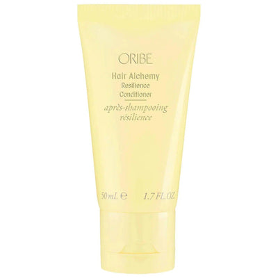 Hair Alchemy Resilience Conditioner in a yellow tube, 50ml, promoting strength and moisture for healthy hair.