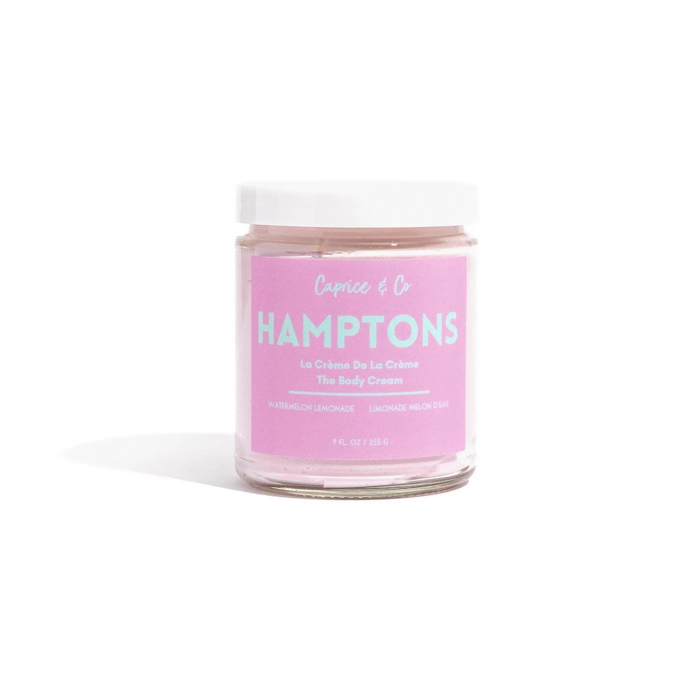 Hamptons body cream in a recyclable glass jar, scented with watermelon lemonade, 9 fl oz, moisturizing and hydrating formula.