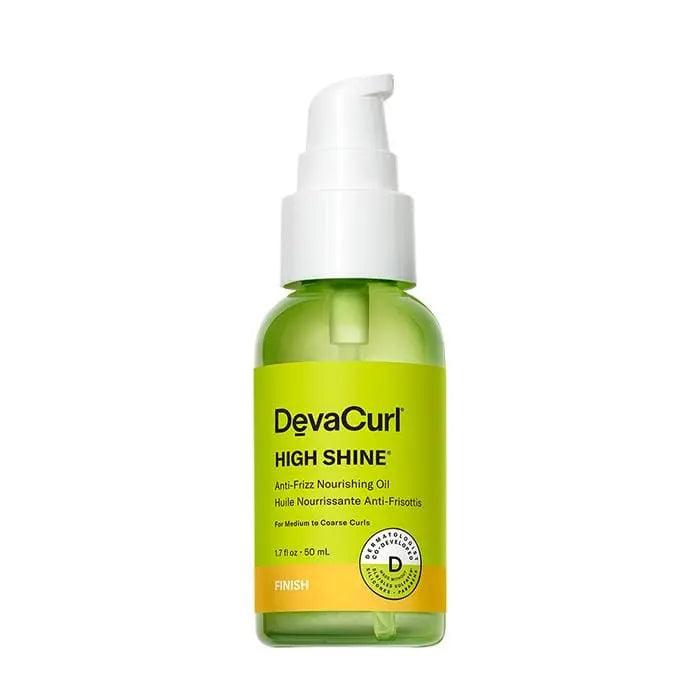 DevaCurl High Shine Anti-Frizz Nourishing Oil in a green pump bottle, ideal for frizz control and curl definition.
