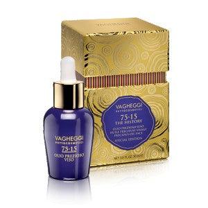 Vagheggi 75-15 Precious Oil Face serum in decorative box, promoting youthful skin and hydration benefits.