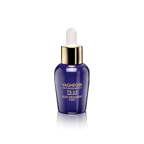 Vagheggi 75-15 Precious Oil Face in a sleek blue bottle, designed for youthful and revitalized skin.