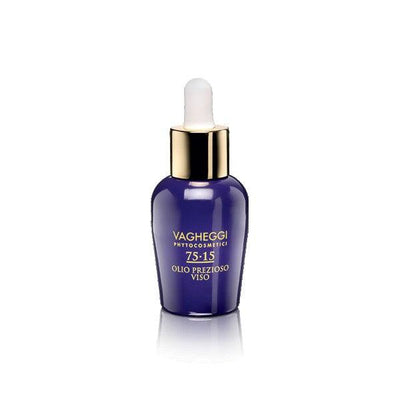 Vagheggi 75-15 Precious Oil Face in a sleek blue bottle, designed for youthful and revitalized skin.