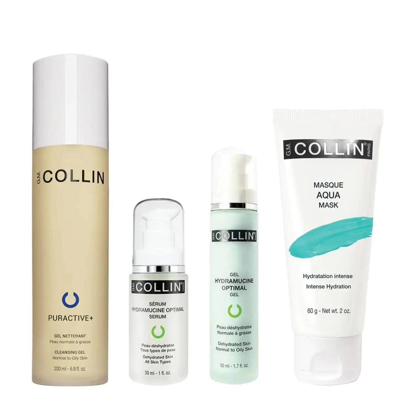 Hydrating Bundle for Normal/Combo Skin including Puractive+ Cleanser, Hydramucine Serum, Moisturizer, and Aqua Mask.