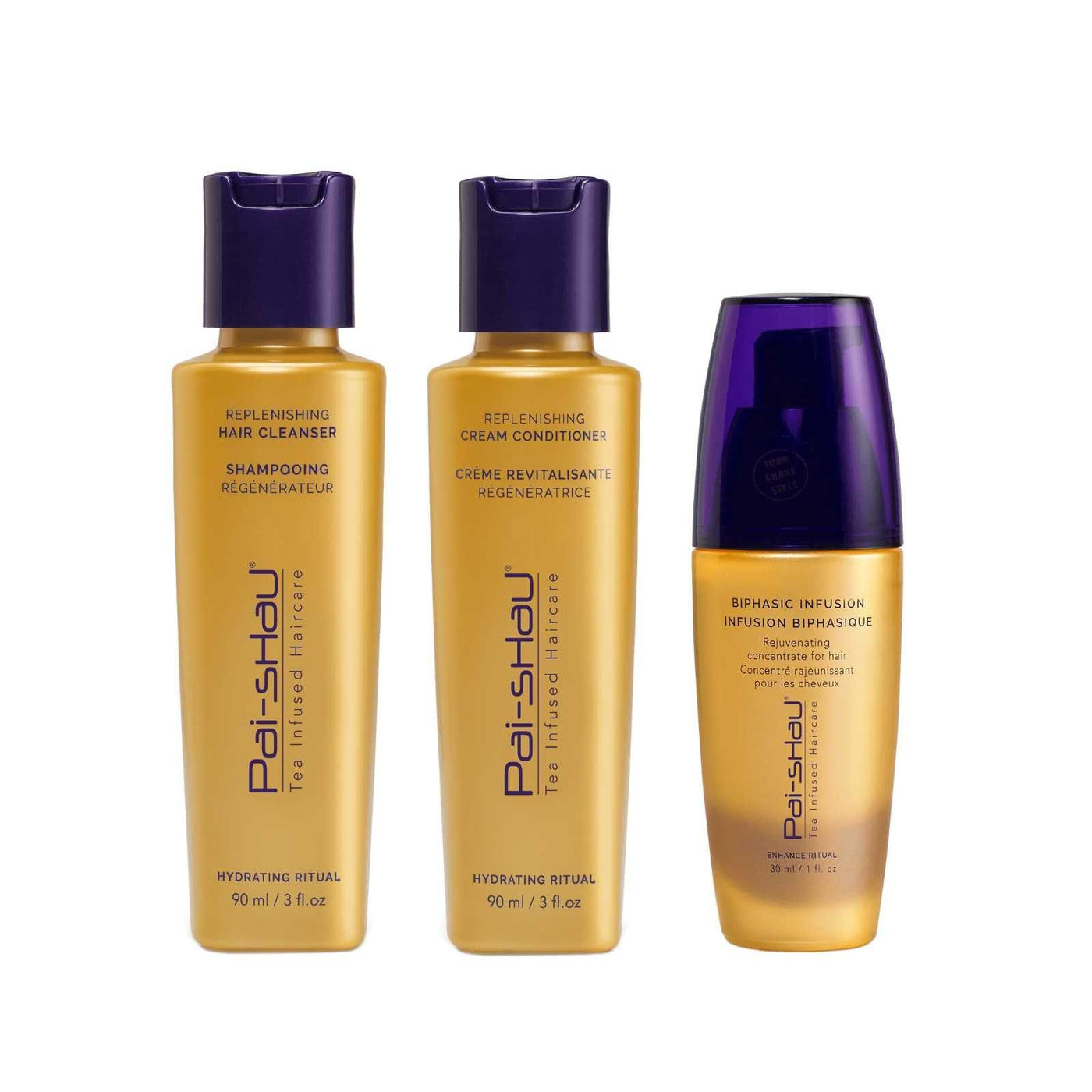 Hydrating Ritual Collection featuring Replenishing Hair Cleanser, Cream Conditioner, and Biphasic Infusion for travel hair care.
