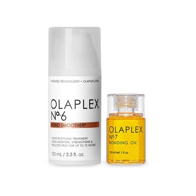 OLAPLEX Styling Duo No.6 Bond Smoother and No.7 Bonding Oil for heat protection and frizz control.