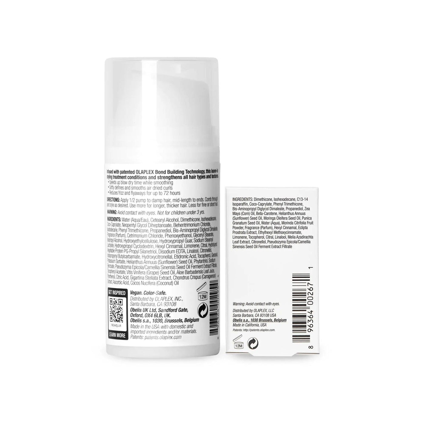 Back view of OLAPLEX No.6 Bond Smoother and No.7 Styling Oil packaging with ingredient information.