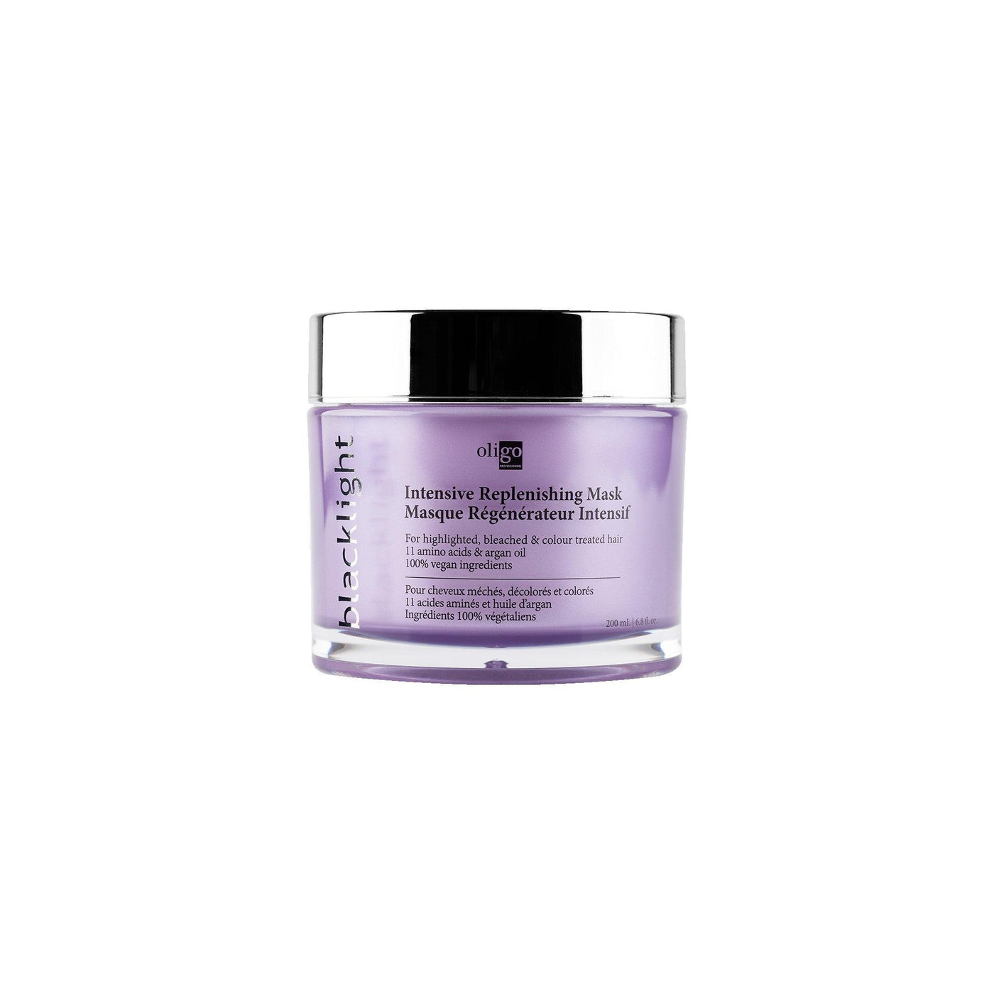 Blacklight Intensive Replenishing Mask in a jar, enriched with 11 amino acids and argan oil for moisturized, strong hair.