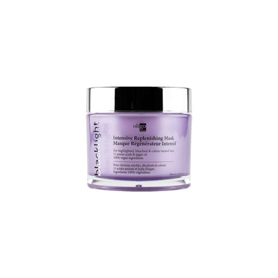 Blacklight Intensive Replenishing Mask in a jar, enriched with 11 amino acids and argan oil for moisturized, strong hair.