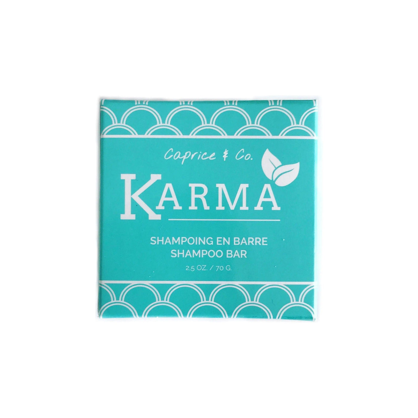 Karma shampoo bar packaging, handmade in Quebec, featuring organic ingredients and eco-friendly design.
