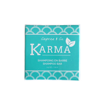 Karma shampoo bar packaging, handmade in Quebec, featuring organic ingredients and eco-friendly design.