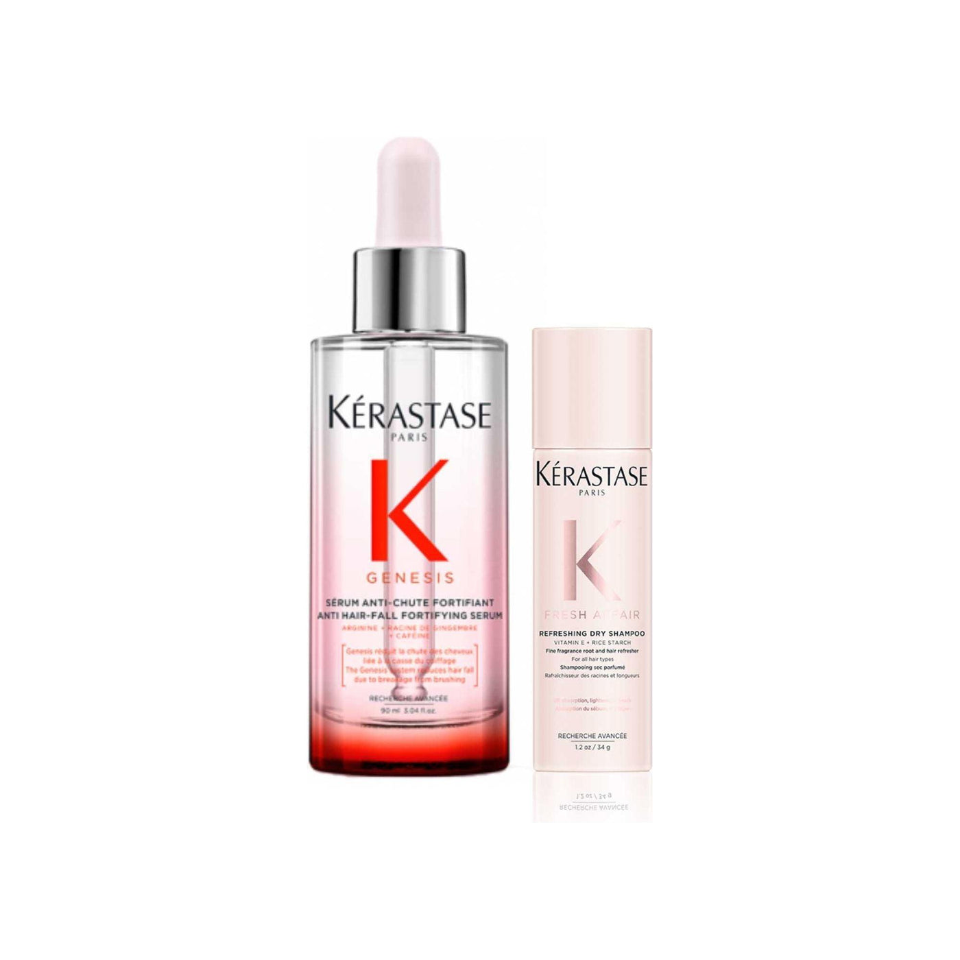 Kérastase Discovery Set including Sérum Anti-Chute and Fresh Affair dry shampoo for hair strength and beauty.