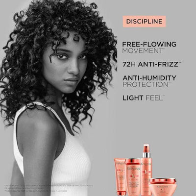 "Woman with curly hair next to Kérastase Discipline hair care products offering 72H anti-frizz, anti-humidity protection, and light feel benefits."