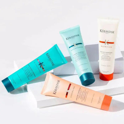 Kérastase hair care product lineup featuring Resistance Extentioniste, Resistance Ciment Thermique, and Nutritive Nectar Thermique for healthy hair.