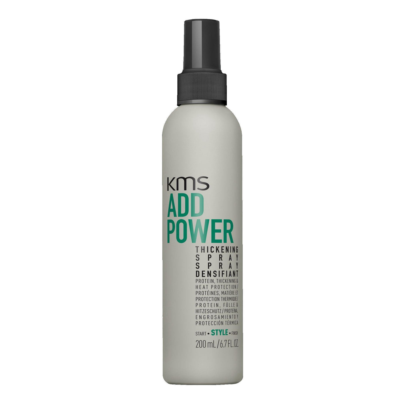 KMS Addpower Thickening Spray 200ml bottle for fine hair, providing volume and heat protection for effortless styling.