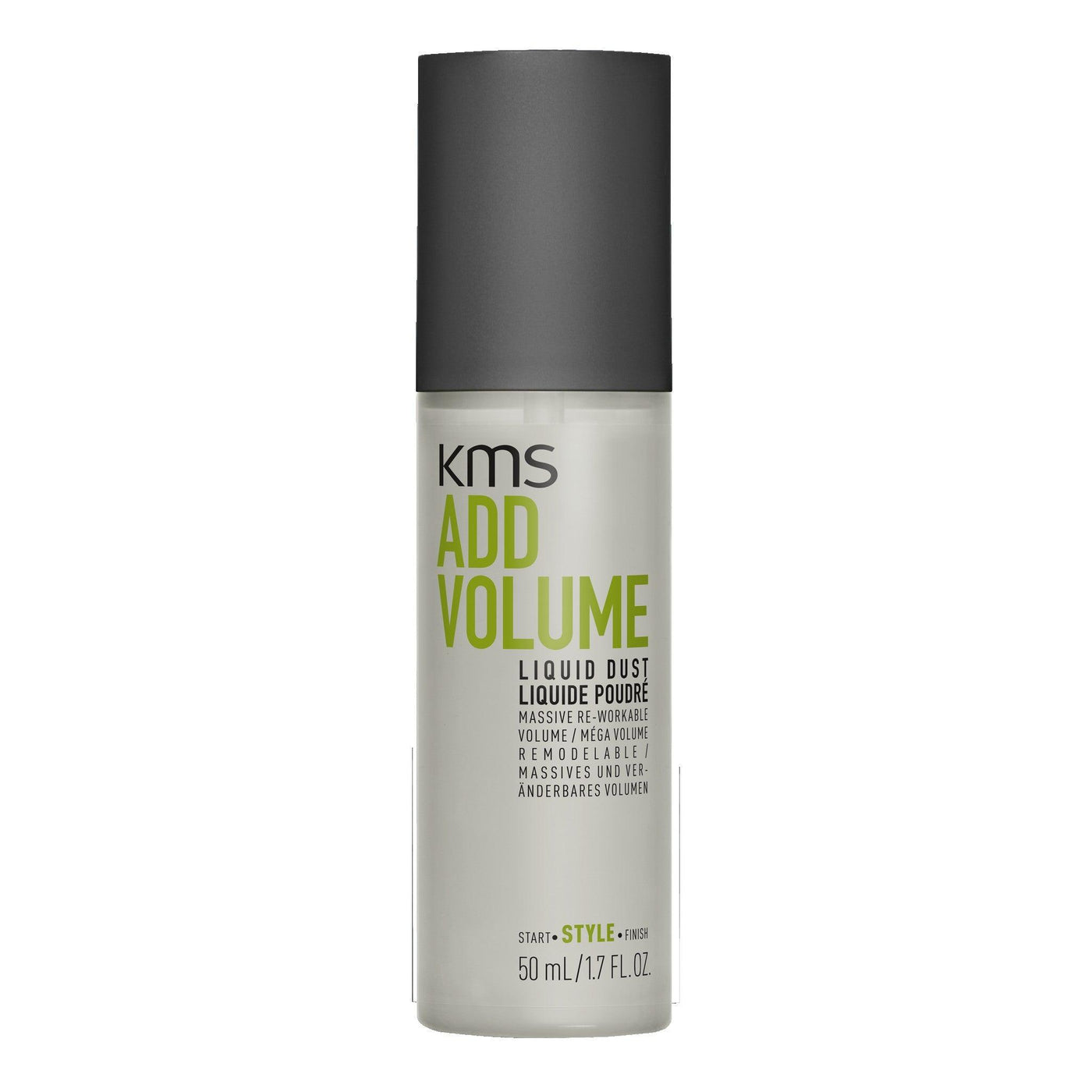 KMS Addvolume Liquid Dust 50ml bottle for massive hair volume and stability with eucalyptus and cinnamon scent.