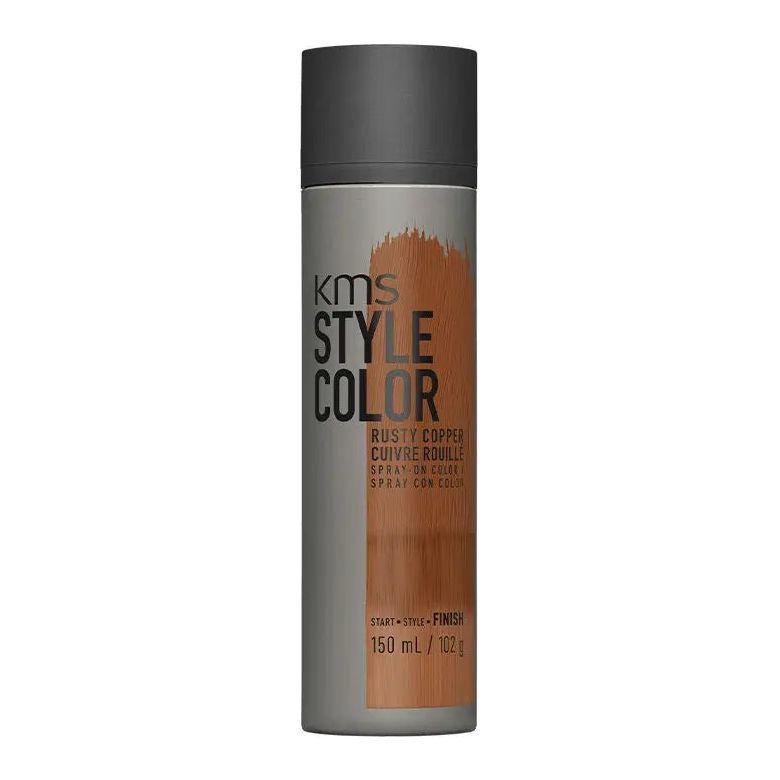 KMS Style Color spray in Rusty Copper, 150 mL, waterproof and heat-friendly for flexible hair styling.