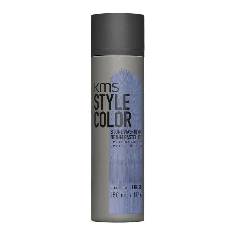 KMS Style Color Stone Wash Denim spray for hair, 150 mL can, waterproof and flexible finish for vibrant hairstyles.