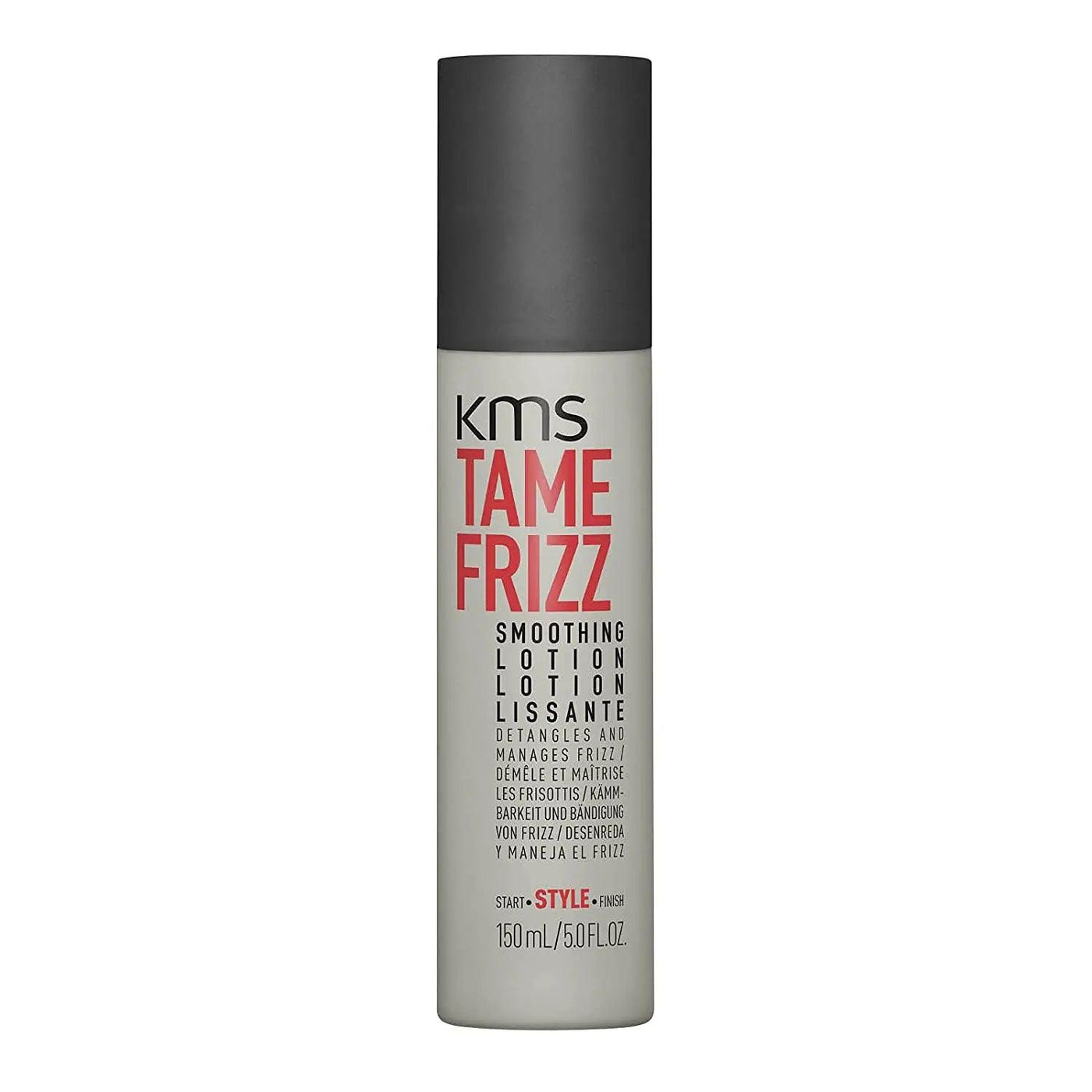 KMS Tamefrizz Smoothing Lotion bottle for frizz control and detangling in coarse hair, 150ml size.