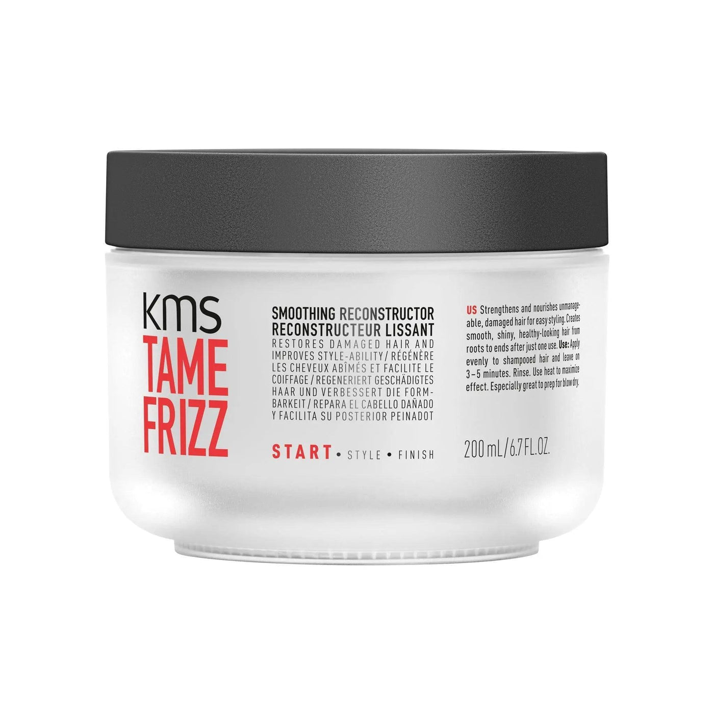 KMS Tamefrizz Smoothing Reconstructor 200ml jar for repairing and hydrating coarse, frizzy hair.