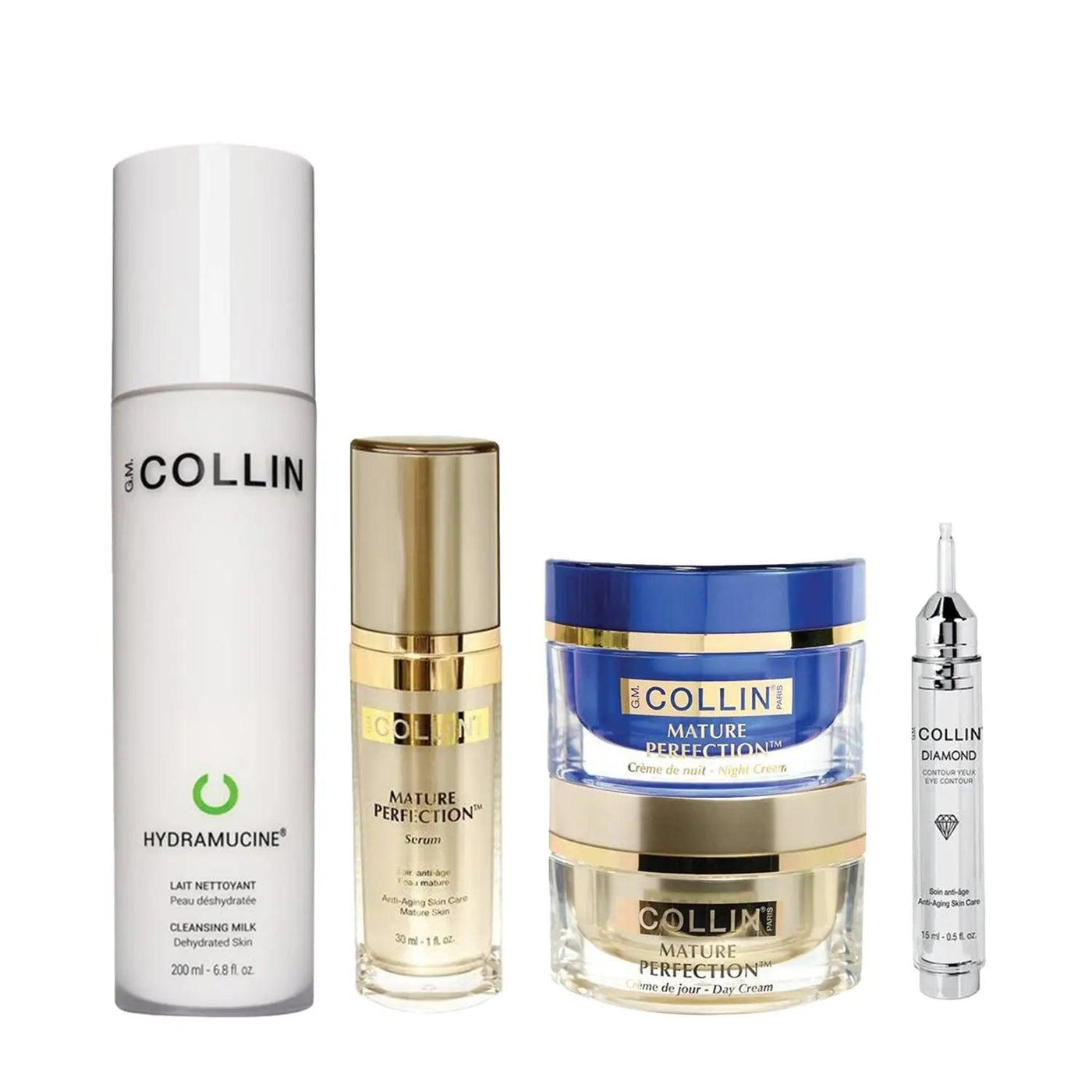 Lifting & Smoothing Bundle for Dry Skin featuring Hydramucine Cleansing Milk, Mature Perfection Serum, Day Cream, Night Cream, and Eye Cream.