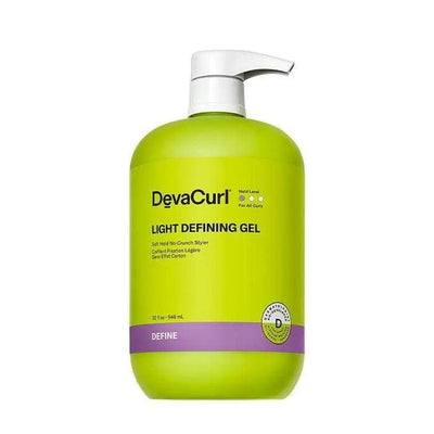 DevaCurl Light Defining Gel Soft Hold No-Crunch Styler in a green pump bottle, ideal for enhancing curls and fighting frizz.