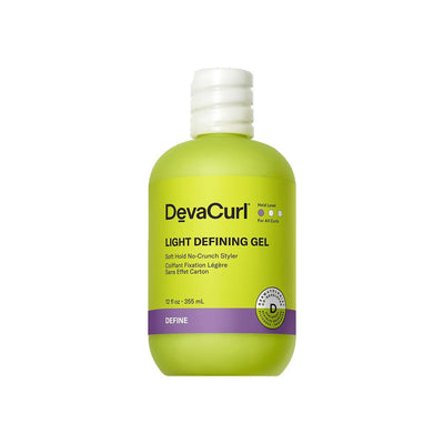 DevaCurl Light Defining Gel Soft Hold No-Crunch Styler bottle for curls, frizz control, and enhanced shine.