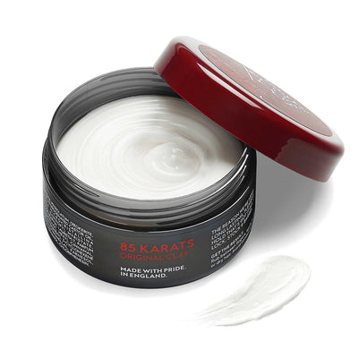 Lock Stock & Barrel 85 Karats Original Clay in jar with lid open, showcasing creamy texture, 3.53 oz, cruelty-free, vegan.