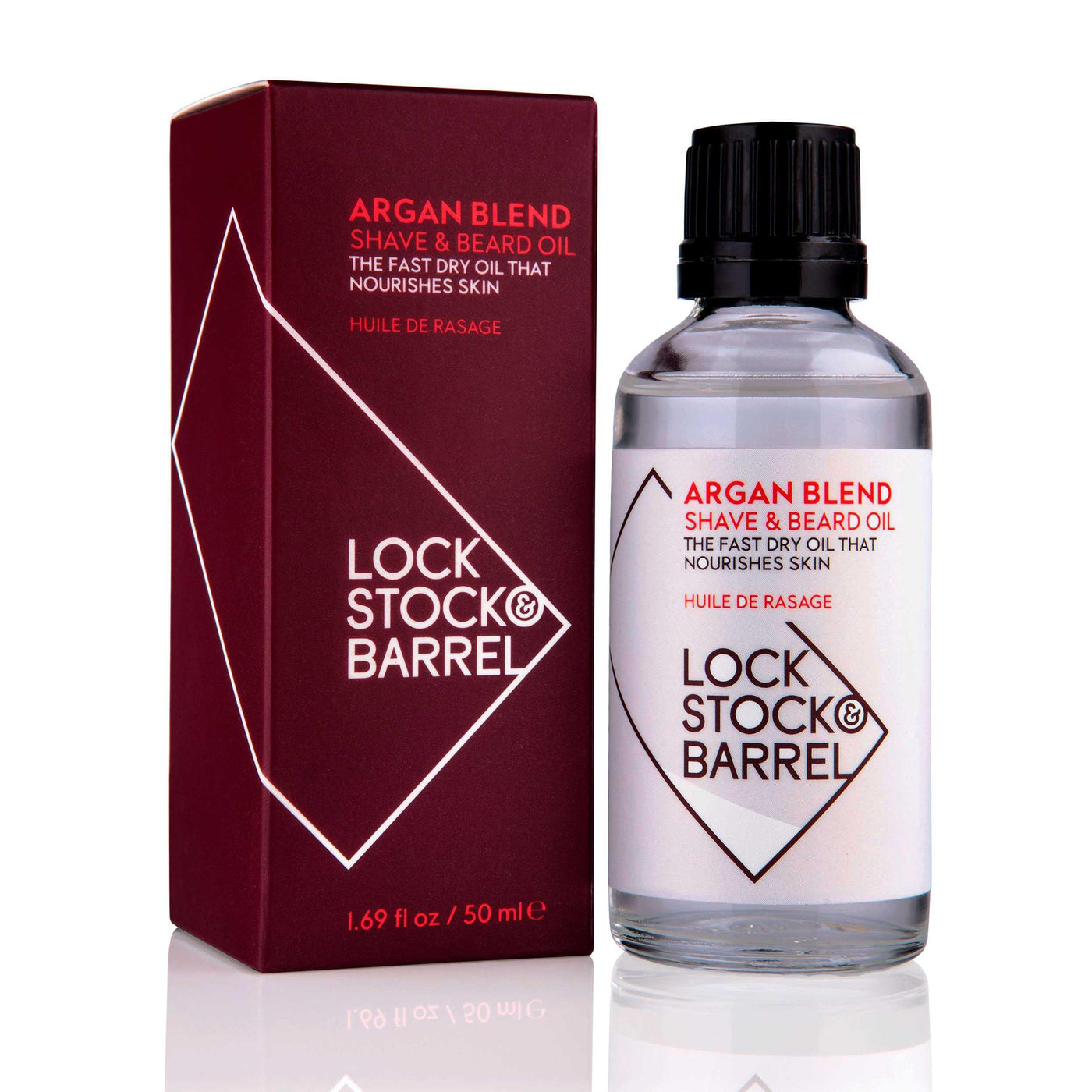 Lock Stock & Barrel Argan Blend Shave & Beard Oil 50ml with packaging, nourishing fast dry oil for skin and beard care.