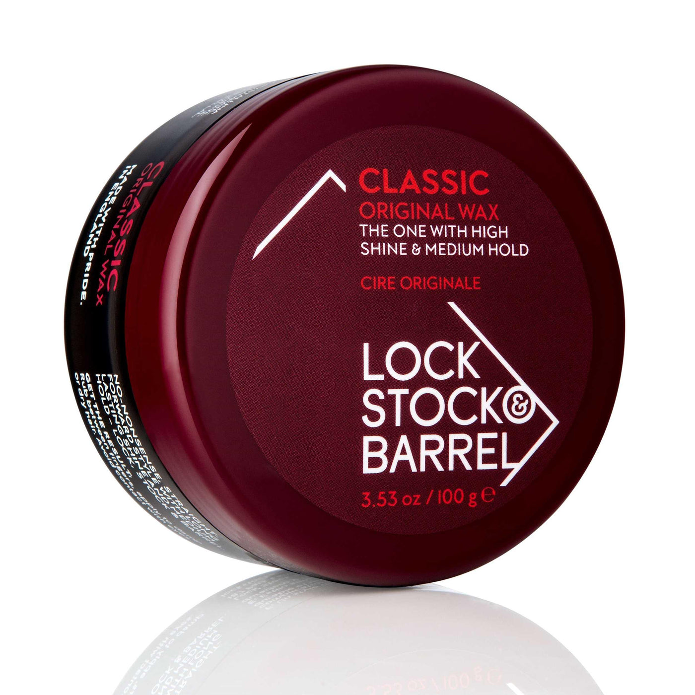 Lock Stock & Barrel Classic Original Wax 3.53 oz with high shine and medium hold in burgundy container.