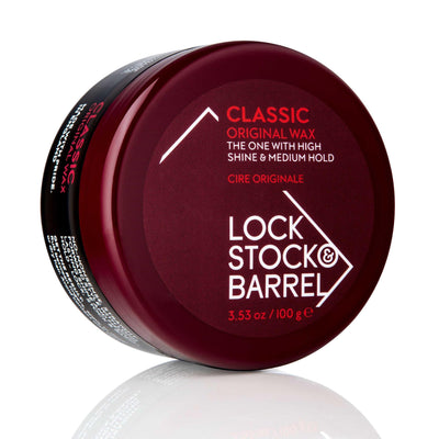 Lock Stock & Barrel Classic Original Wax 3.53 oz with high shine and medium hold in burgundy container.