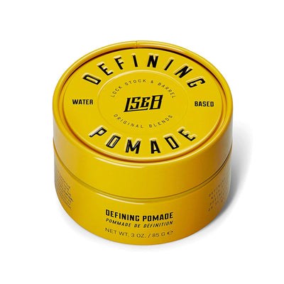 Lock Stock & Barrel Defining Pomade in a yellow tin, 85g, offering high shine and hold for sleek hairstyles.