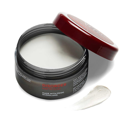 Lock Stock & Barrel Disorder Matte Clay in a jar, highlighting its firm hold and matte texture, cruelty-free formula.