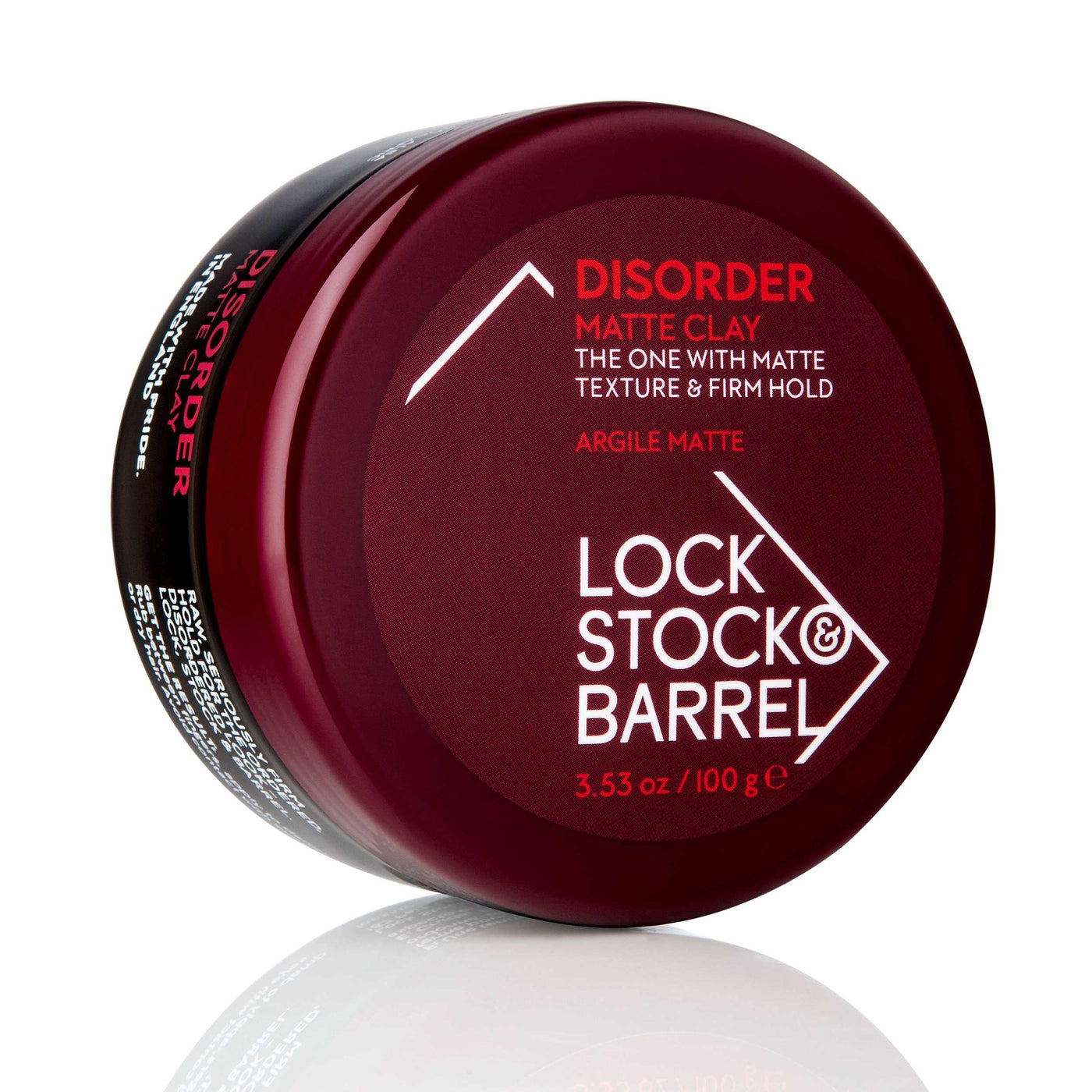 Lock Stock & Barrel Disorder Matte Clay 3.53 oz with matte texture and firm hold for styled hair.