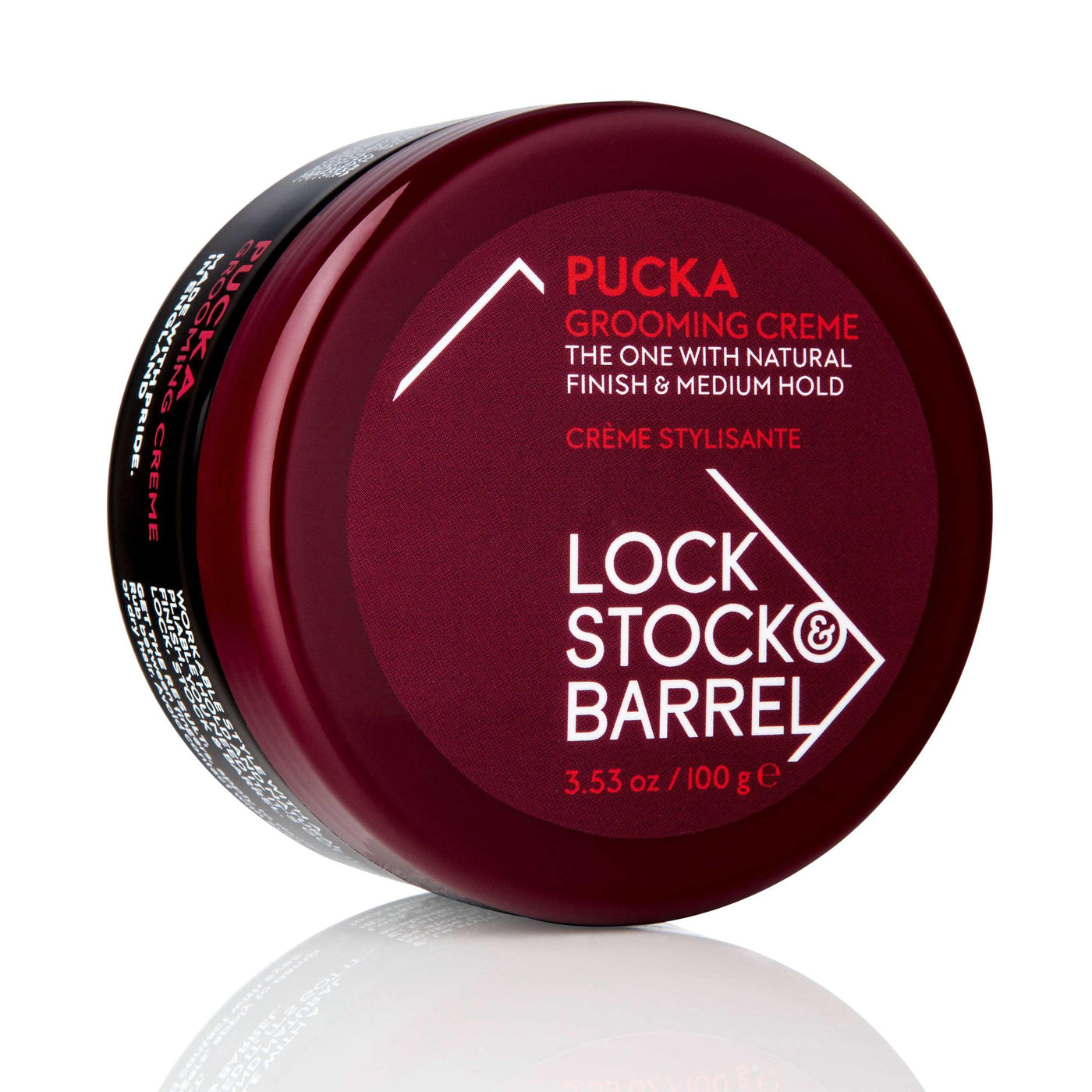 Lock Stock & Barrel Pucka Grooming Creme 3.53 oz with natural finish and medium hold, phthalate and paraben free.