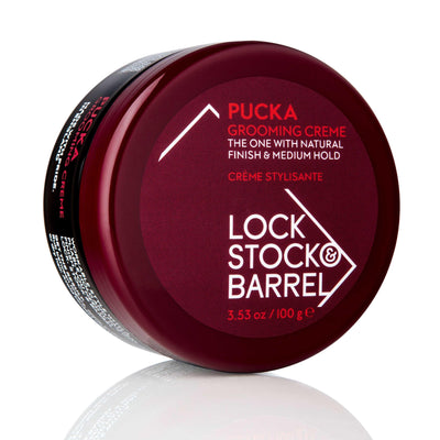 Lock Stock & Barrel Pucka Grooming Creme 3.53 oz with natural finish and medium hold, phthalate and paraben free.