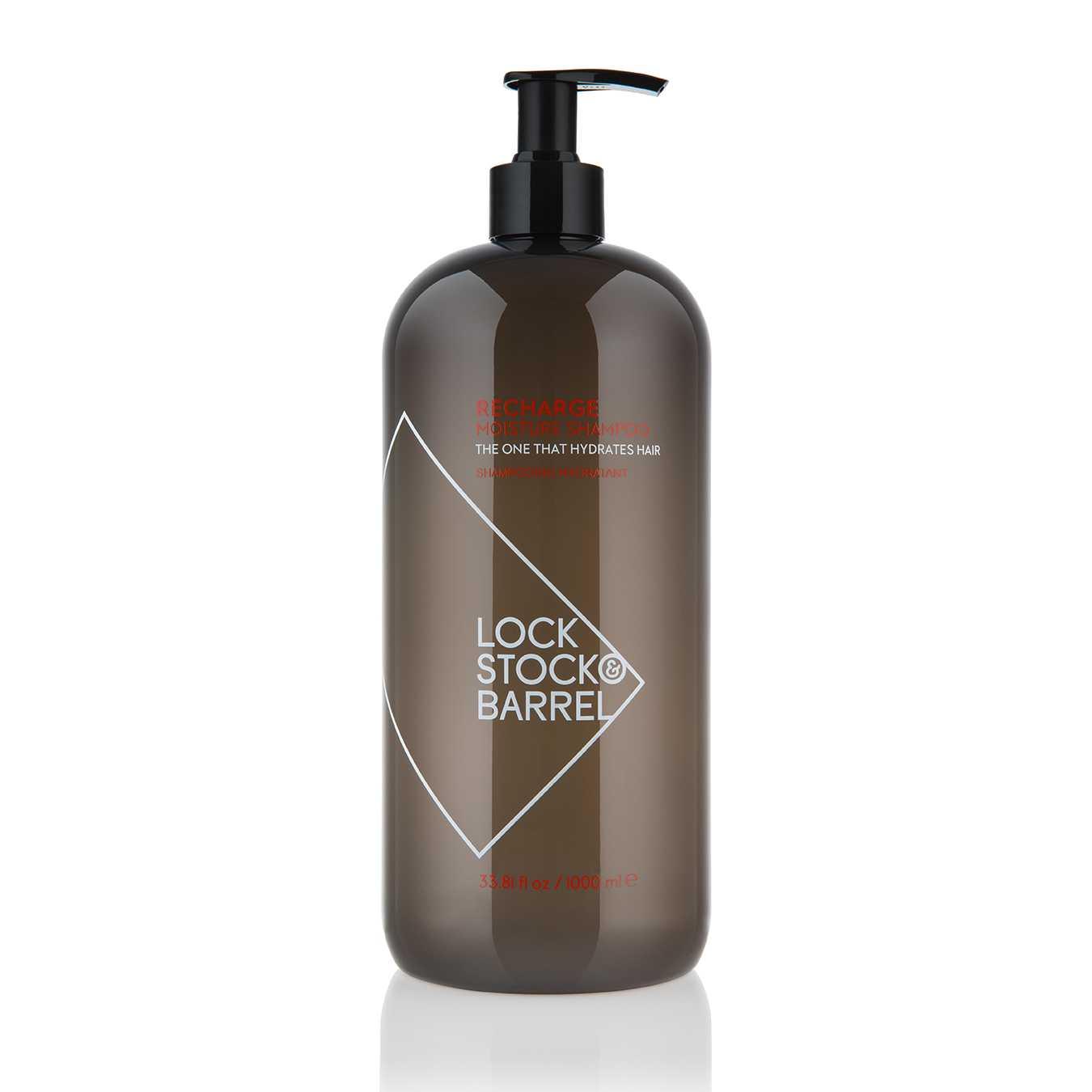 Lock Stock & Barrel Recharge Moisture Shampoo bottle, 33.8 Fl Oz, hydrating formula for nourished, manageable hair.
