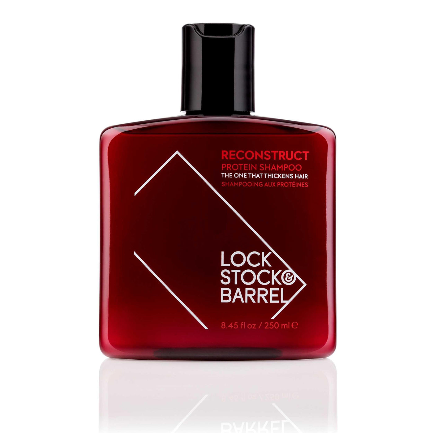 Lock Stock & Barrel Reconstruct Protein Shampoo bottle, 8.45 fl oz, designed to thicken fine, thinning hair. Cruelty-free formula.