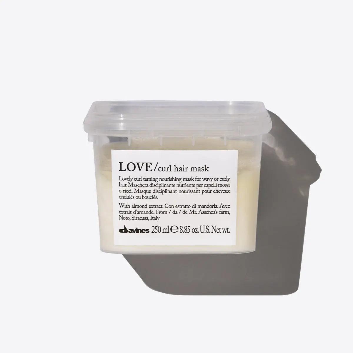 Davines Love Curl Mask in clear container, nourishing treatment for curly hair, 250ml size.