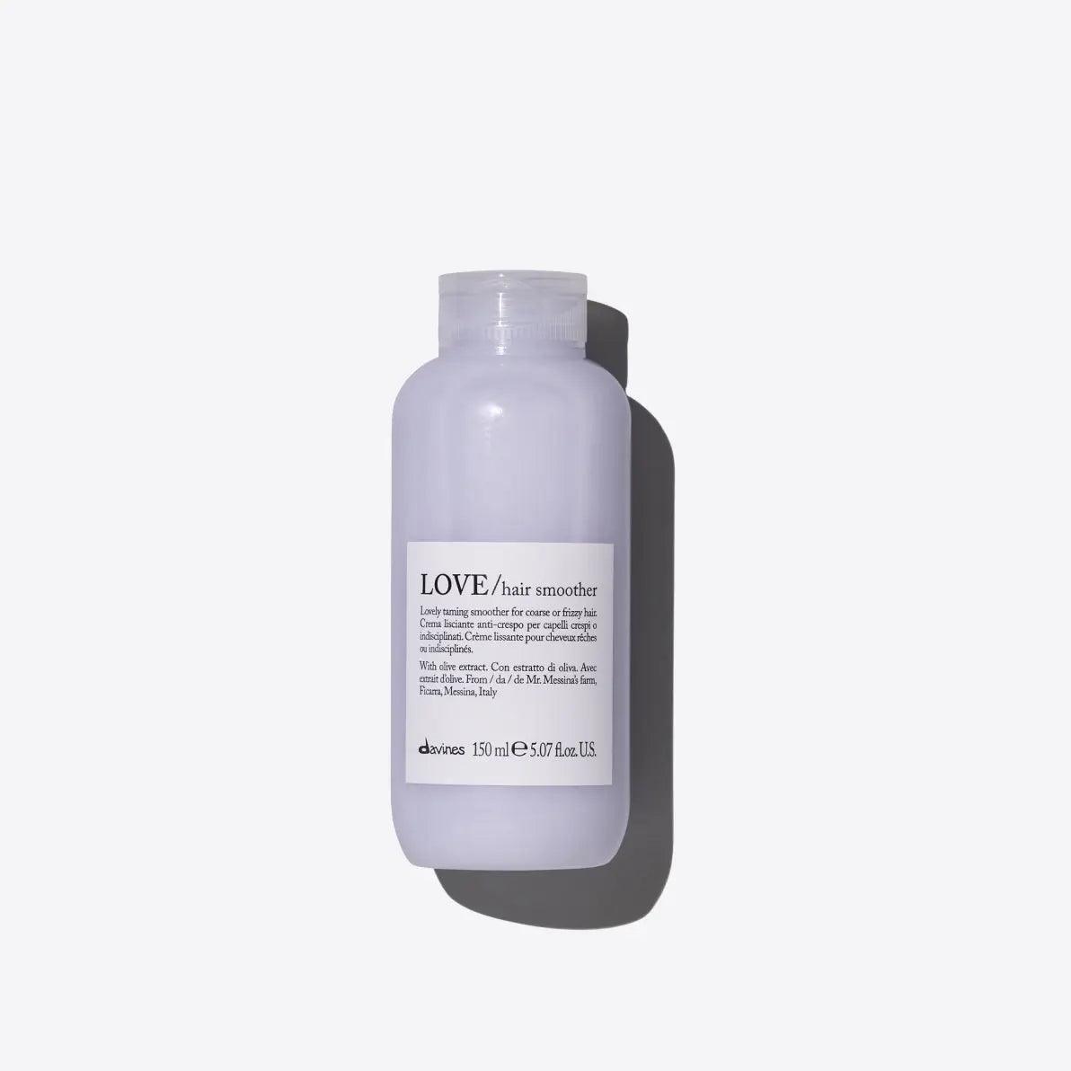 Love Hair Smoother bottle by Davines for frizz control and smooth hair. 150 ml bottle against a white background.