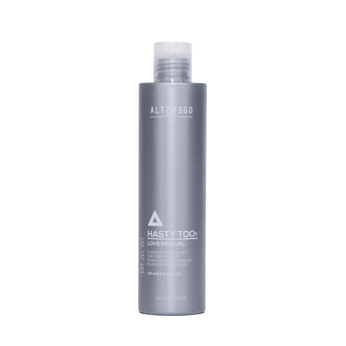 Hasty Too Love Me Curl modeling fluid for natural curl control and soft, defined curls in a sleek gray bottle.