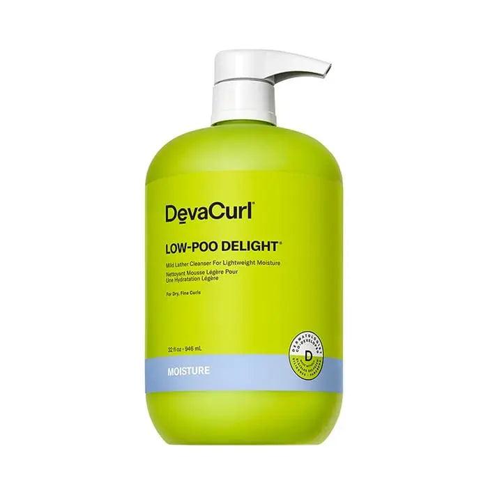DevaCurl Low-Poo Delight 12 oz bottle, a lightweight cleanser for dry, fine curls, promoting moisture and bounce.