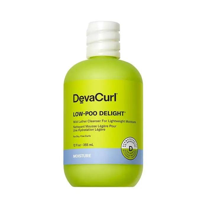 DevaCurl Low-Poo Delight bottle, a lightweight low-lather cleanser for dry, fine curls, providing moisture and shine.