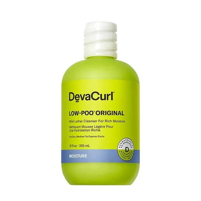 DevaCurl Low-Poo Original Mild Lather Cleanser bottle for dry, medium to coarse curls, promoting rich moisture and hydration.
