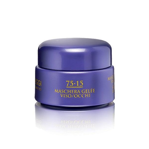 75-15 Gel-like Mask for face and eyes in a navy jar, offering a refreshing and softening effect on skin.