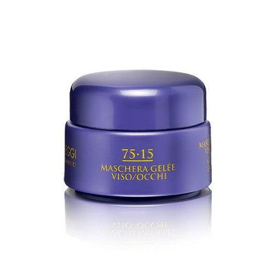 75-15 Gel-like Mask for face and eyes in a navy jar, offering a refreshing and softening effect on skin.