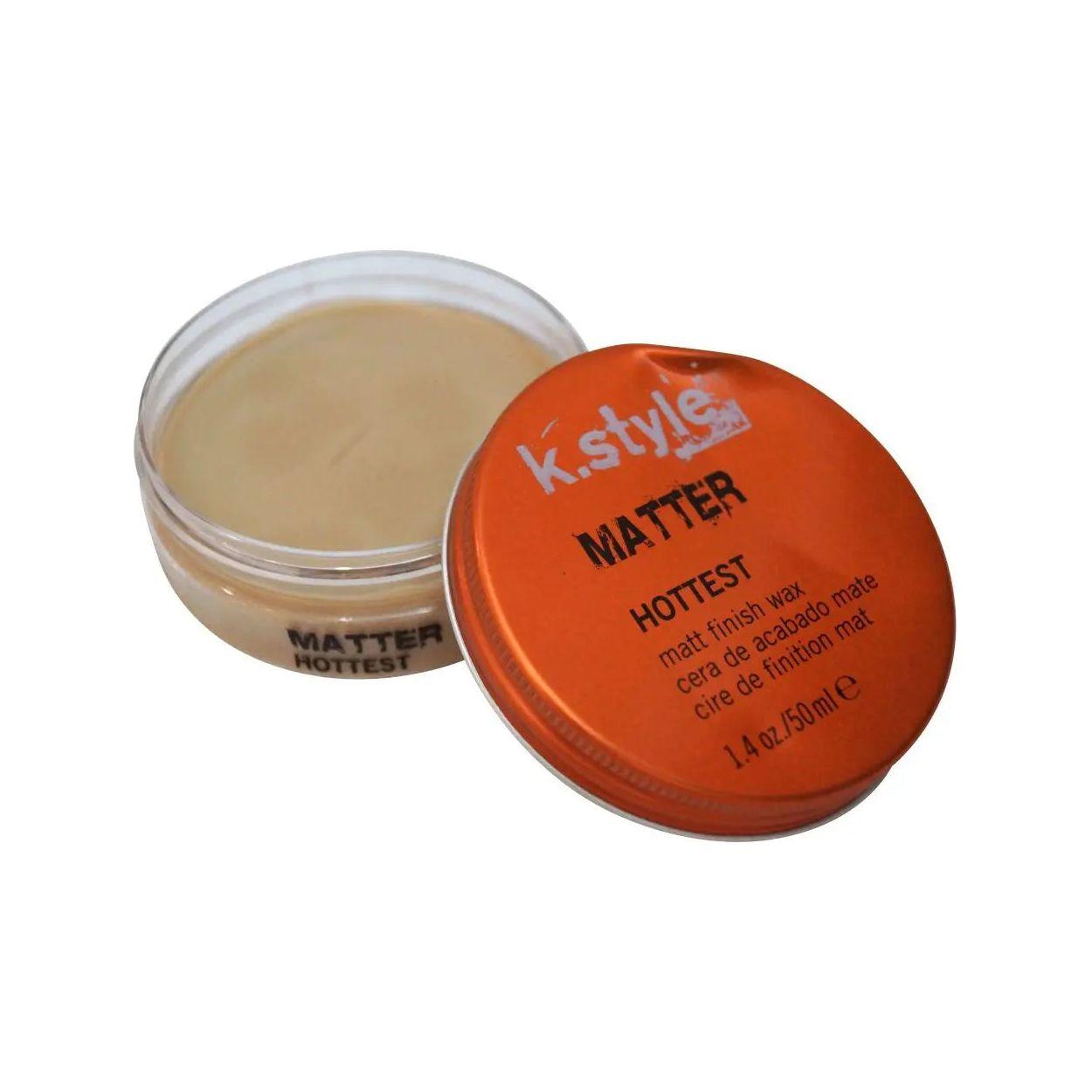 K-Style Matter Matt Finish Wax with orange lid, offering flexible hold and woody fragrance with UV protection.